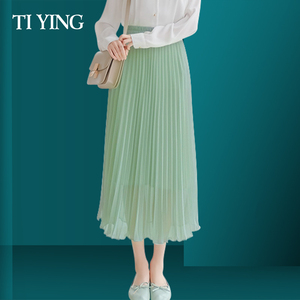 百褶半身裙女2021春夏新款高腰a字中长款大摆伞裙气质显瘦百折裙