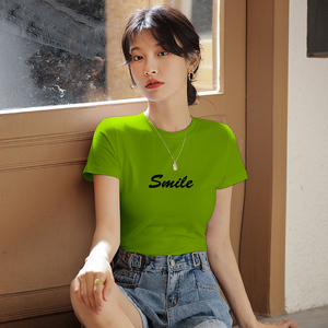 牛油果绿色小半高领短袖t恤女夏季新款印花纯棉修身显瘦半袖上衣