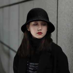 黑色渔夫帽女秋冬日系帽子韩版潮网红款羊毛百搭针织毛线时尚盆帽