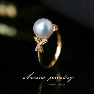 安晓天女级海水珍珠戒指18k金女镶嵌钻石正圆极强光akoya单颗黄金