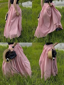 粉色夏季新款百褶长裙女拉链高腰显瘦气质A字半身裙大摆垂感伞裙