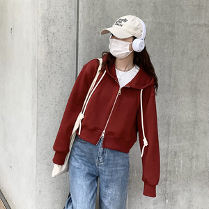 砖红色短款开衫卫衣外套女春秋款2022新款韩系小个子设计感上衣潮