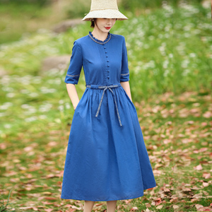 原创高端亚麻中袖连衣裙女2022夏季新款气质减龄收腰文艺棉麻长裙