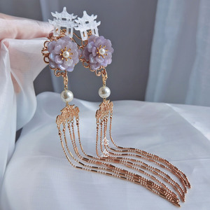 念念桃花牡丹亭发钗流苏压鬓古风汉服后压发饰紫色仙女风原创头饰