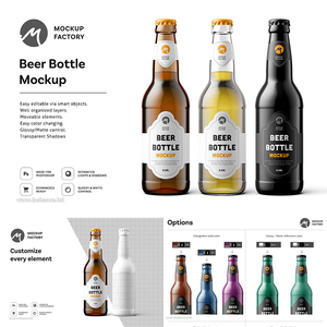 1款啤酒饮料透明玻璃瓶子瓶贴包装标签效果图样机PSD设计素材模板