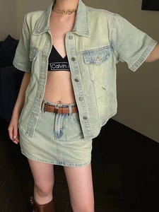ANAN正品2023夏季新款韩版时髦美式怀旧色短袖牛仔外套+a字短裙女