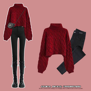 红色短款高领毛衣女秋冬新款法式气质麻花加厚加绒保暖针织打底衫