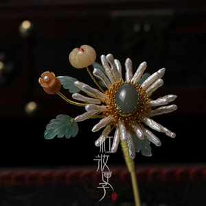 红妆匣子原创古风发簪天然巴洛克珍珠菊花发簪故宫复刻汉服头饰