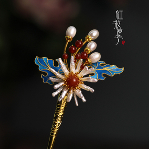 红妆匣子原创复古巴洛克珍珠菊花簪仿点翠发簪古风头饰汉服配饰