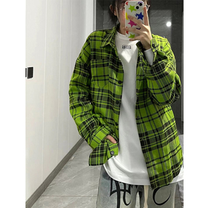 潮牌高街欧美式嘻哈情侣宽松格纹绿色衬衣外套男女中长款格子衬衫