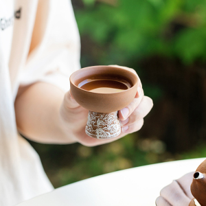 拓土老岩泥描银浮雕祥云高足杯主人杯家用品茗杯茶杯功夫陶瓷茶盏