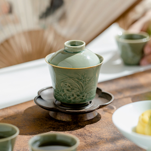 拓土越窑青瓷浮雕太湖石兰花盖碗茶杯家用二才茶碗单个功夫泡茶器