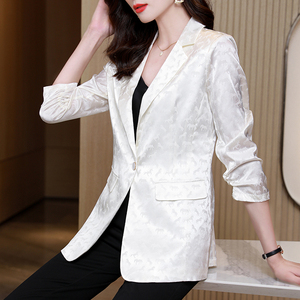 真丝西装外套女2021秋季新款重磅桑蚕丝印花宽松气质职业西服上衣