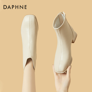达芙妮法式短靴女及裸靴2024新款秋季白色粗跟靴子百搭软皮瘦瘦靴