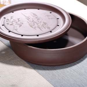 宜兴紫砂茶盘双层茶海大号储水式清水泥紫泥圆形全手工刻绘家用