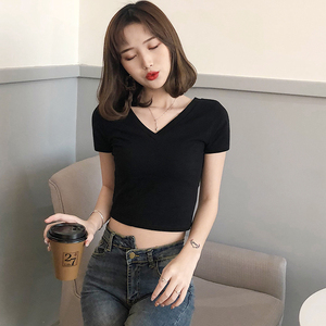 黑色短装超短t恤女前后v领女性感高腰露脐上衣显瘦紧身漏脐装体恤