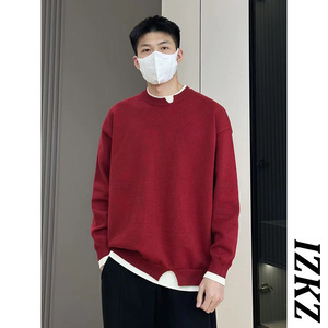 IZKZ冬季男士假两件圆领宽松套头红色毛衣潮流设计感打底衫针织衫