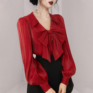高级感红色衬衫女春季2022新款V领设计感小众法式蝴蝶结雪纺上衣
