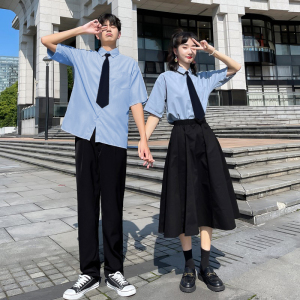 毕业班服学院风高中生长裙韩版校服英伦风短袖蓝色衬衫jk制服套装