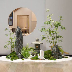 新中式室内景观入户玄关楼梯下造景仿真绿植假山石头松树竹子组合