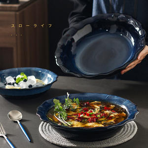 日式水煮鱼超大碗盆家用陶瓷汤盆窑变大号碗餐具创意汤碗花边大碗