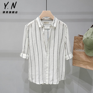 白色亚麻条纹七分袖衬衫男夏季薄款日系潮流宽松棉麻方领休闲衬衣