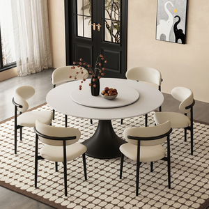 法式复古风圆形白色岩板餐桌椅组合简约现代小户型家用带转盘圆桌