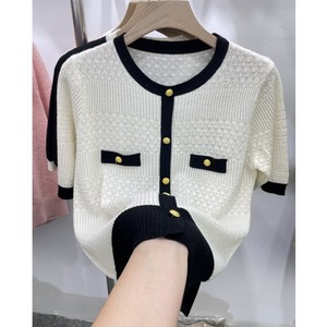 韩国拼色套头冰丝短袖T恤女2024年夏季新款小香风针织衫薄款小衫
