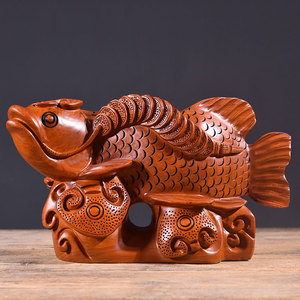 黄花梨实木雕刻金龙鱼摆件木头鱼年年有余家居客厅装饰红木工艺品