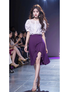 奥莱品牌夏装搭配一整套女装又a又飒短袖上衣紫色半裙两件套装裙