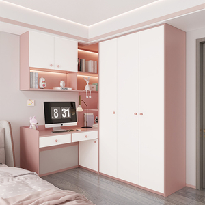 衣柜带书桌一体转角组合一半书柜儿童写字台拐角连体实木卧室家用