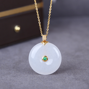 森宝莱 天然原矿白冰翡翠a货平安扣吊坠女 18k金镶冰种玉坠项链