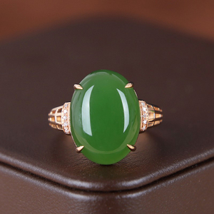 森宝莱 天然正品黄金和田玉碧玉戒指 简约百搭金包玉戒