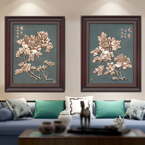 国色天香紫铜浮雕玄关装饰画中式古典清香莲花挂画欧式花卉背景墙
