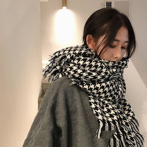 送长辈男女朋友高档包装围巾女双面仿羊绒秋冬千鸟格黑白格大披肩