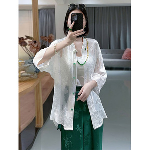 改良唐装新中式白衬衫女夏季薄款外搭长袖防晒开衫高端桑蚕丝上衣