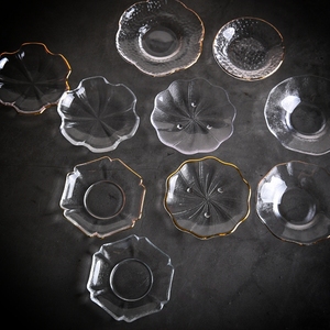 日式圆形玻璃茶杯垫透明茶杯托波浪日式隔热垫功夫茶具小茶碟家用