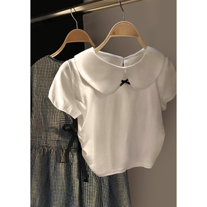 白色娃娃领短袖T恤女夏季2024新款小个子甜美修身短款蝴蝶结上衣