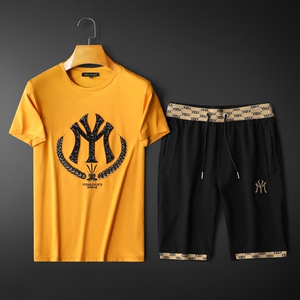 欧洲站ny夏潮牌丝光棉圆领t恤潮流休闲运动套装短袖短裤两件套男