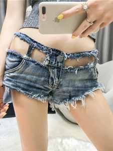 辣妹破洞牛仔短裤女夏季薄款性感夜店热裤低腰镂空磨毛流苏超短裤