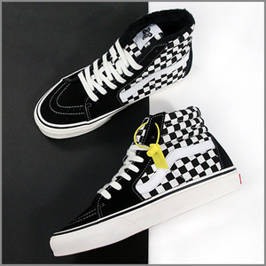 supstorm联名方其 万斯冬季加绒加厚黑白棋盘格帆布鞋男 厚雪地靴