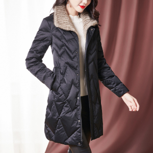 水貂毛领轻薄羽绒棉服女中长款2021年新款冬装白鸭绒修身上衣外套