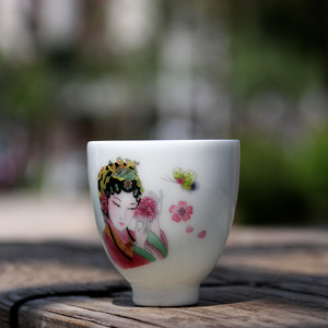 影青仕女图美人杯德化白瓷个人品茗杯主人杯子陶瓷小单杯茶杯