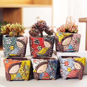 甜美可爱卡通多肉陶瓷花盆彩绘手绘透气创意个性