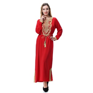 19夏季新款mu斯林女士长袍春民族服装连衣裙时尚纯色大码女装长袖