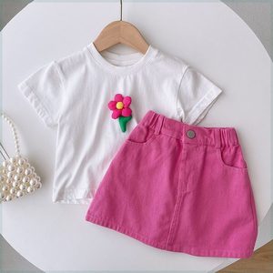 巴拉巴柆夏季女童玫红立体花朵白T恤玫红半身裙套装洋气宝宝短袖