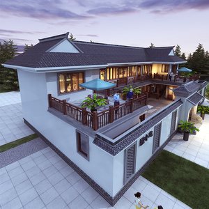 b516二层中式大气四合院别墅设计图纸农村自建房三合院效果图仿古