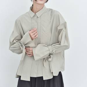 日系白色袖子绑带设计感小众衬衫黑色女士衬衣早春新中式上衣外套