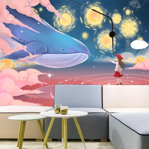 3d唯美梦幻卡通手绘鲸鱼背景墙壁纸客厅儿童房壁画男女孩卧室墙布