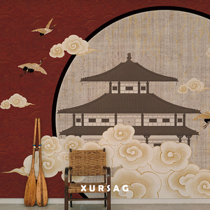 欣尚红色祥云新中式壁纸客厅卧室床头墙布国风剧本杀定制壁画背景